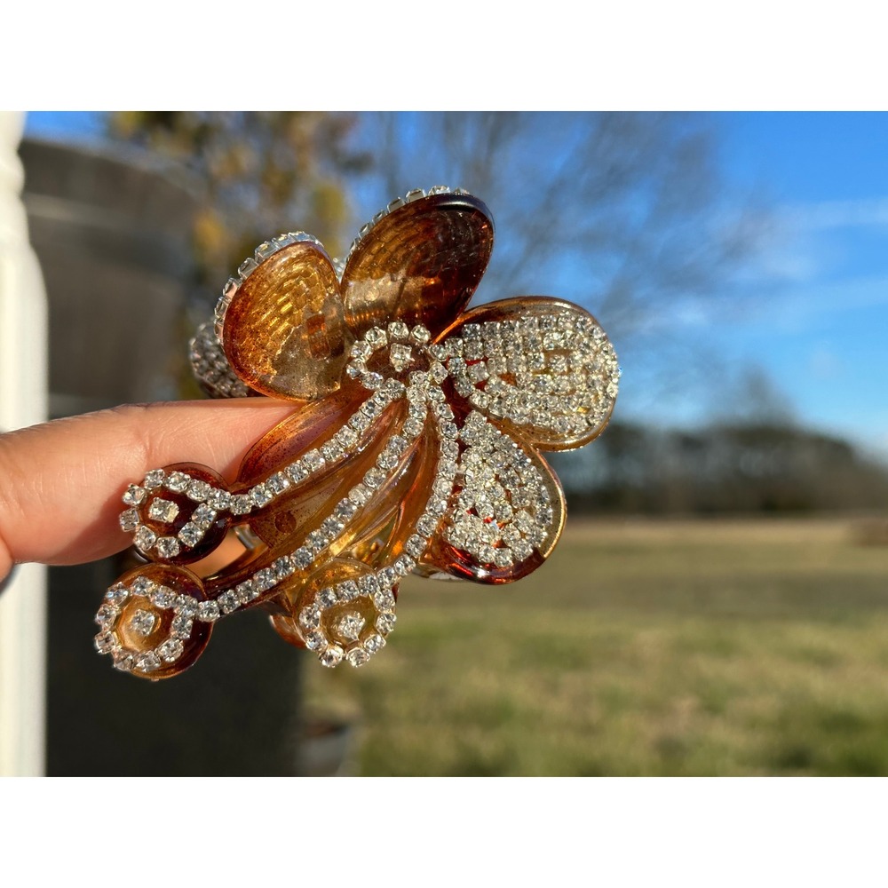 Sparkling‎ Rhinestone Flower Claw Clip Amber Brown Acetate Hair Accessory Women